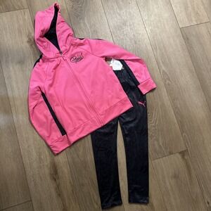Puma Girls Pink Hoodie Jacket & Legging Small (7)‎ Logo All Over Zip Up NWT